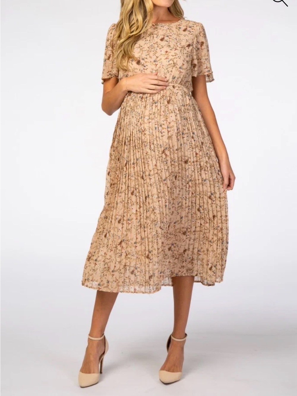 Pinkblush Beige Floral Pleated Midi Dress